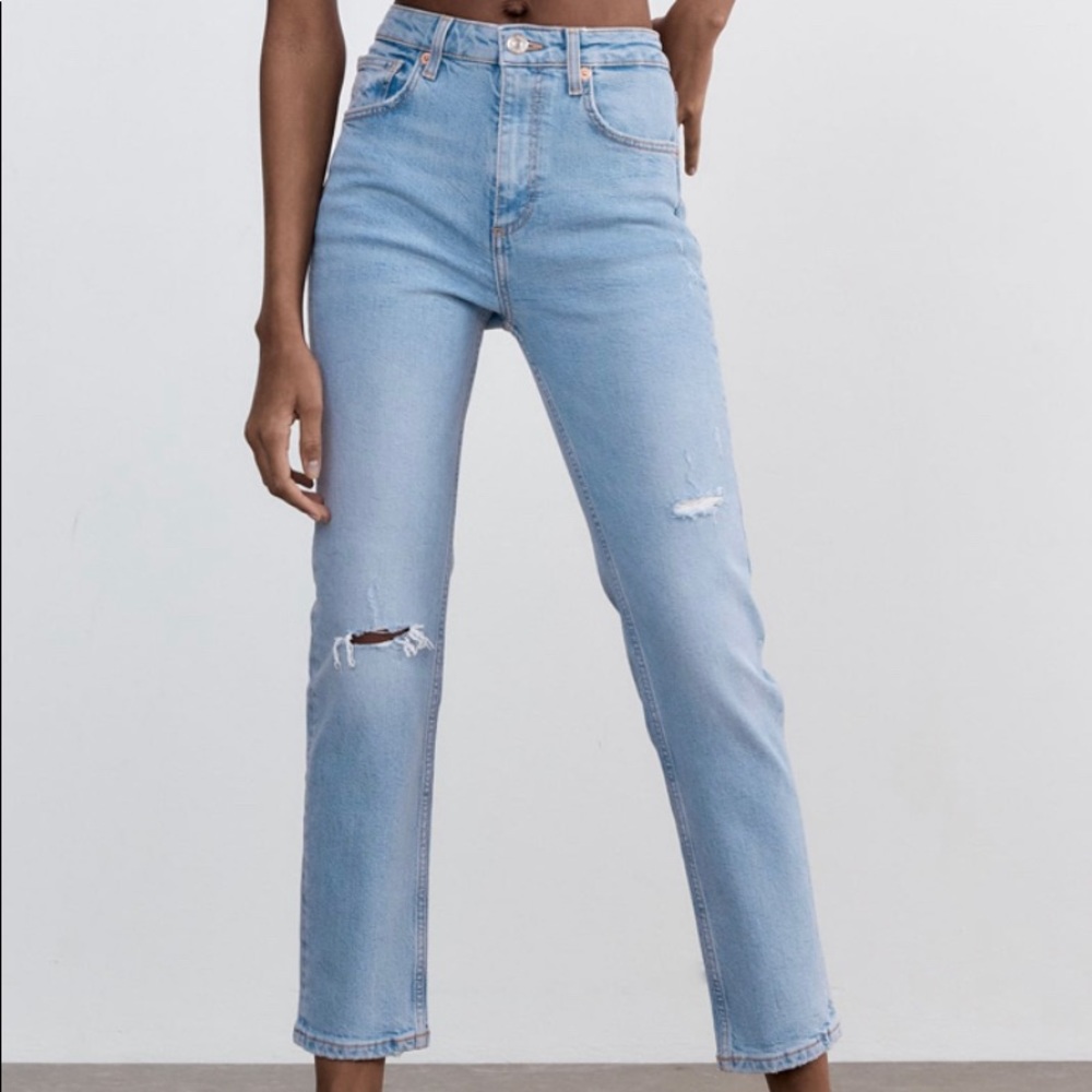 NEW Zara Slim-fit highrise light blue ripped jeans